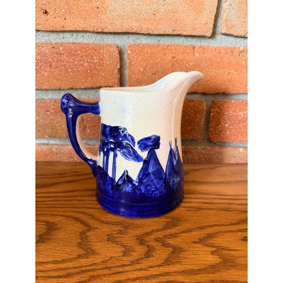 Other - Vintage Old Sleepy Eye-style pitcher, cobalt and cream crackle glaze, 7.5" tall